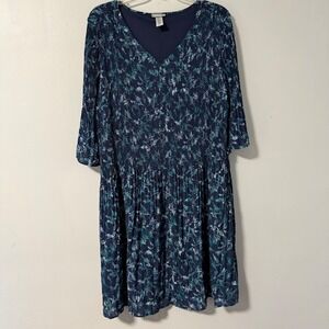 Catherines‎ Plus Size 2X 22 24W Navy Blue Teal Floral Micro-Pleated Midi Dress